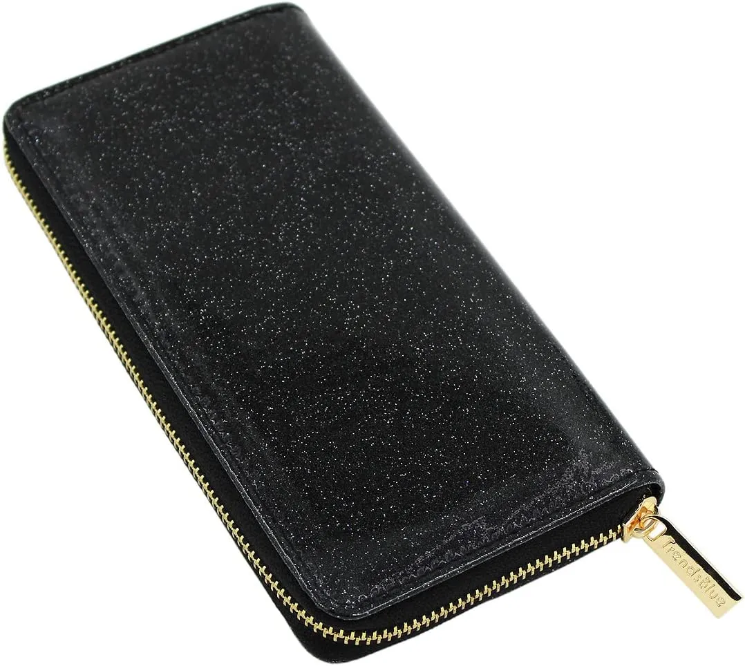 Premium Glitter Bling Smooth Vegan Leather Continental Zip Around Wallet