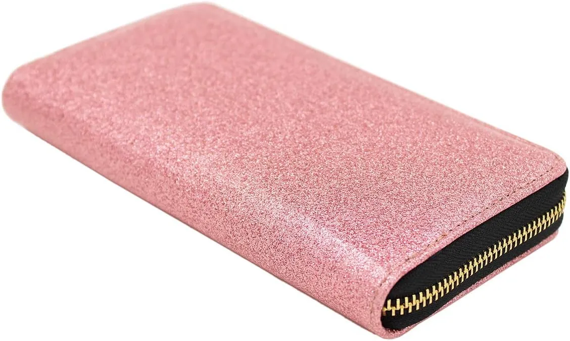 Premium Glitter Bling Smooth Vegan Leather Continental Zip Around Wallet