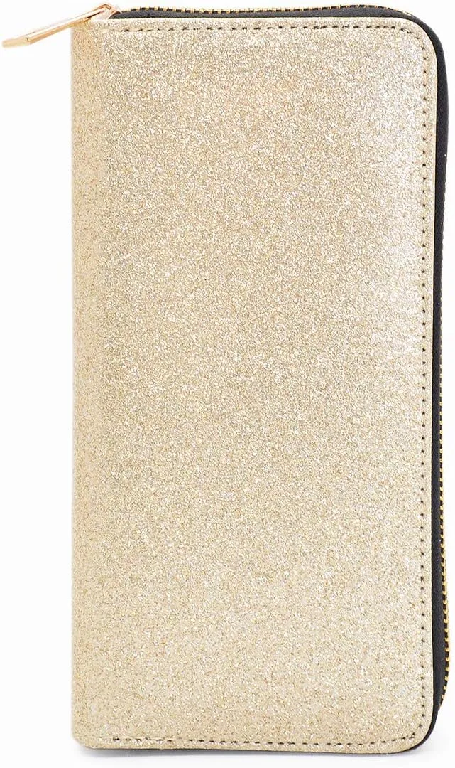 Premium Glitter Bling Smooth Vegan Leather Continental Zip Around Wallet