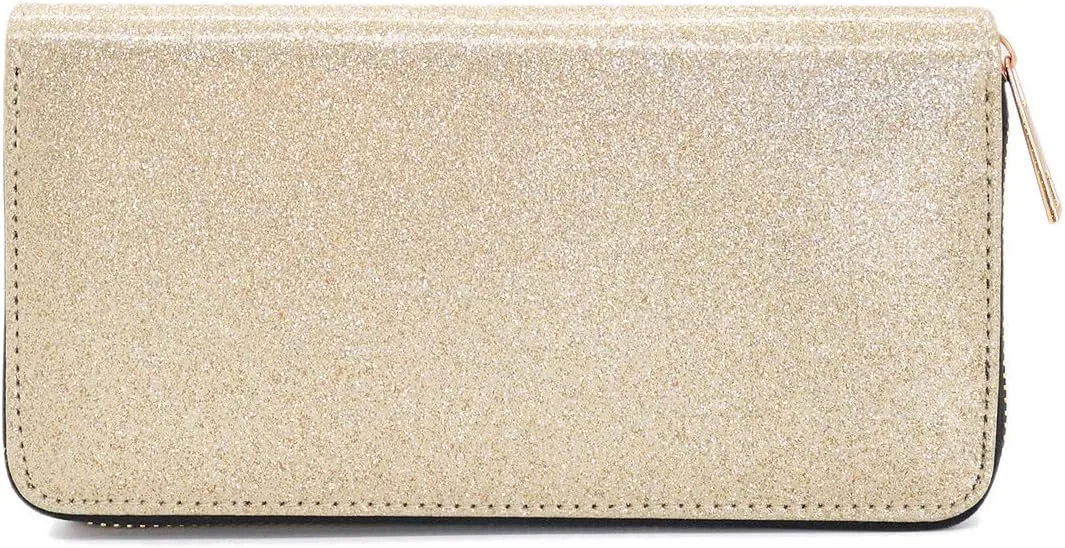 Premium Glitter Bling Smooth Vegan Leather Continental Zip Around Wallet