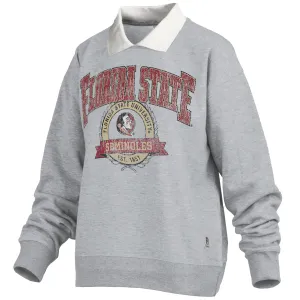 Pressbox Women's Florida State Seminoles Seminole Logo Design Collared Crew Fleece - Heather Grey