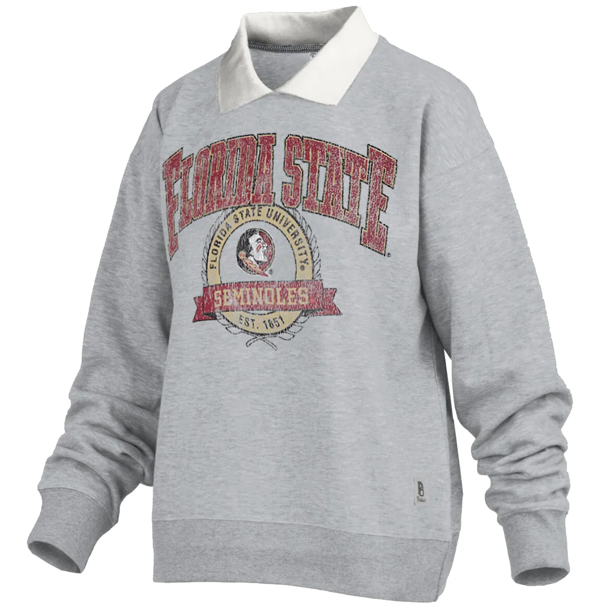 Pressbox Women's Florida State Seminoles Seminole Logo Design Collared Crew Fleece - Heather Grey