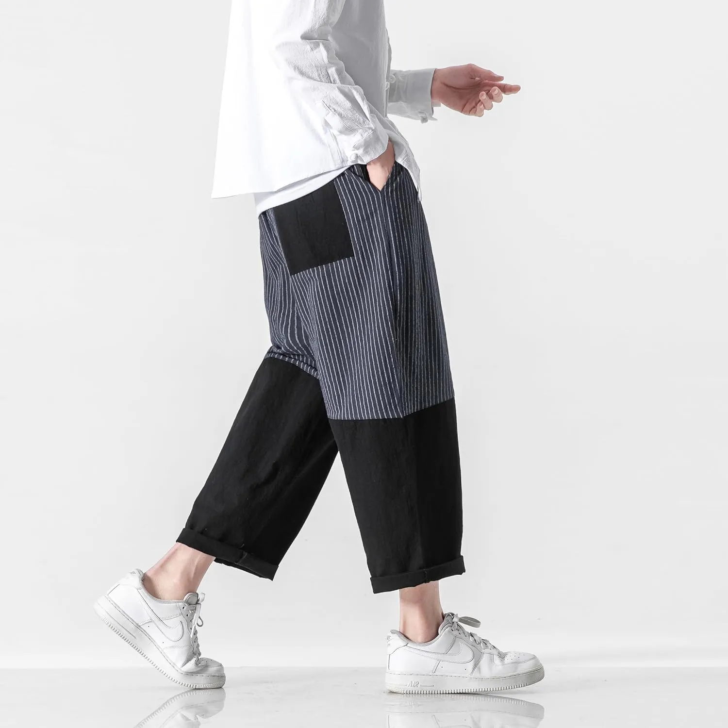 PRIJOUHE Men's Casual Capri Pants Elastic Waist Wide Leg Loose Baggy Harem Pants Breathable Summer Beach Pants