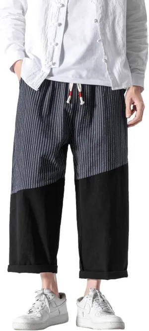 PRIJOUHE Men's Casual Capri Pants Elastic Waist Wide Leg Loose Baggy Harem Pants Breathable Summer Beach Pants