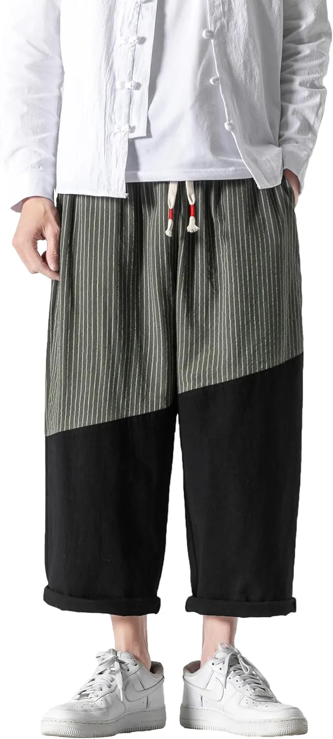 PRIJOUHE Men's Casual Capri Pants Elastic Waist Wide Leg Loose Baggy Harem Pants Breathable Summer Beach Pants