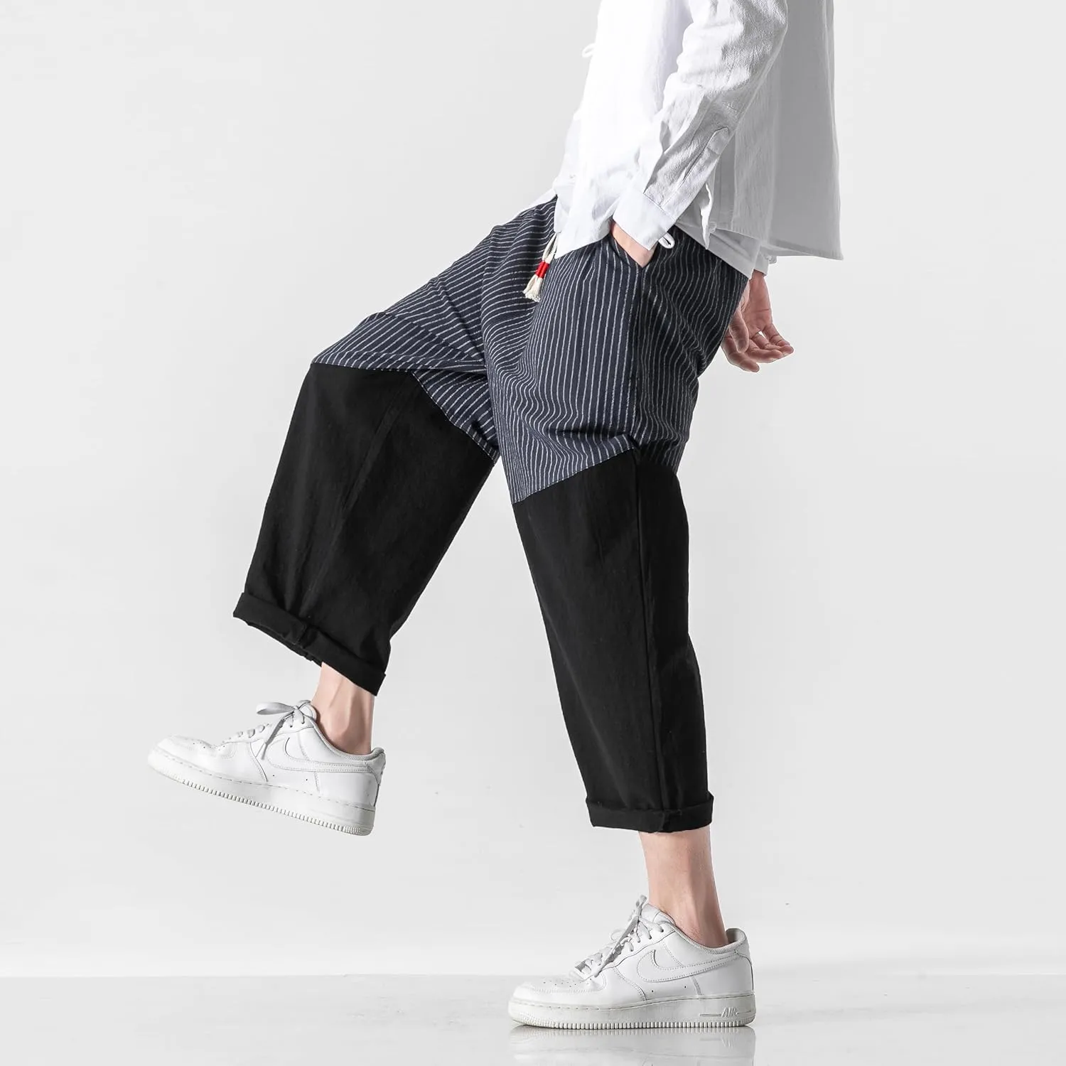 PRIJOUHE Men's Casual Capri Pants Elastic Waist Wide Leg Loose Baggy Harem Pants Breathable Summer Beach Pants