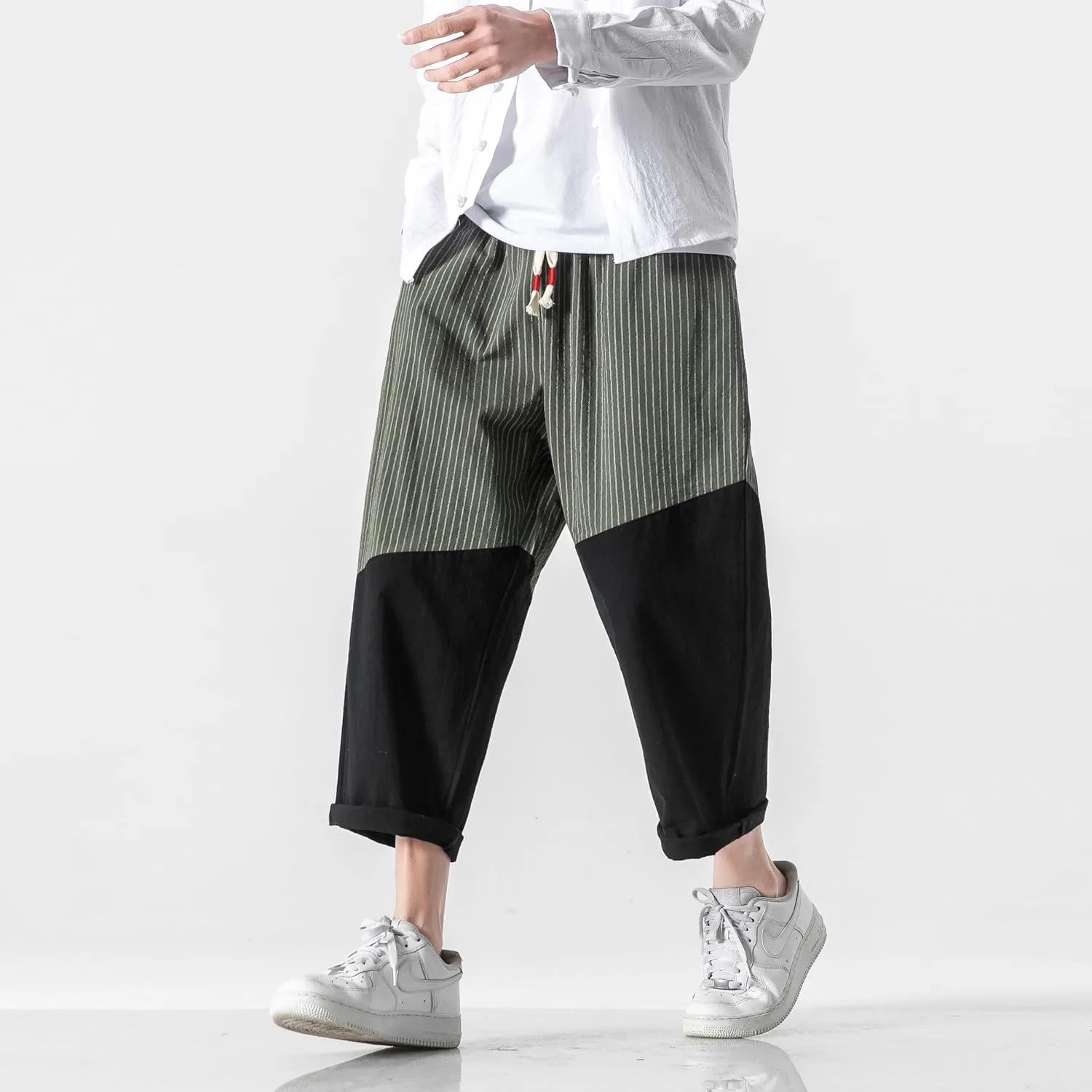 PRIJOUHE Men's Casual Capri Pants Elastic Waist Wide Leg Loose Baggy Harem Pants Breathable Summer Beach Pants