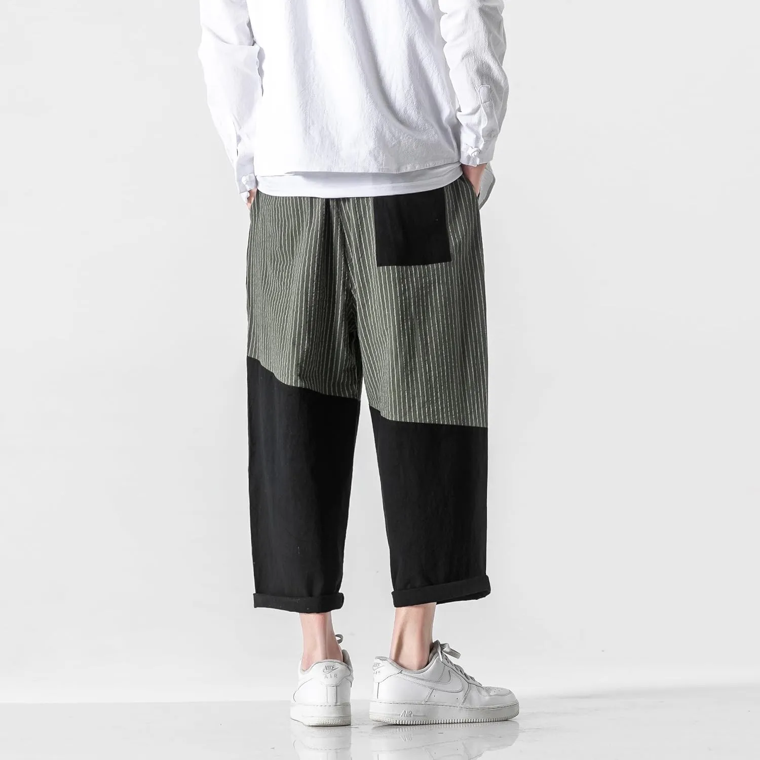 PRIJOUHE Men's Casual Capri Pants Elastic Waist Wide Leg Loose Baggy Harem Pants Breathable Summer Beach Pants