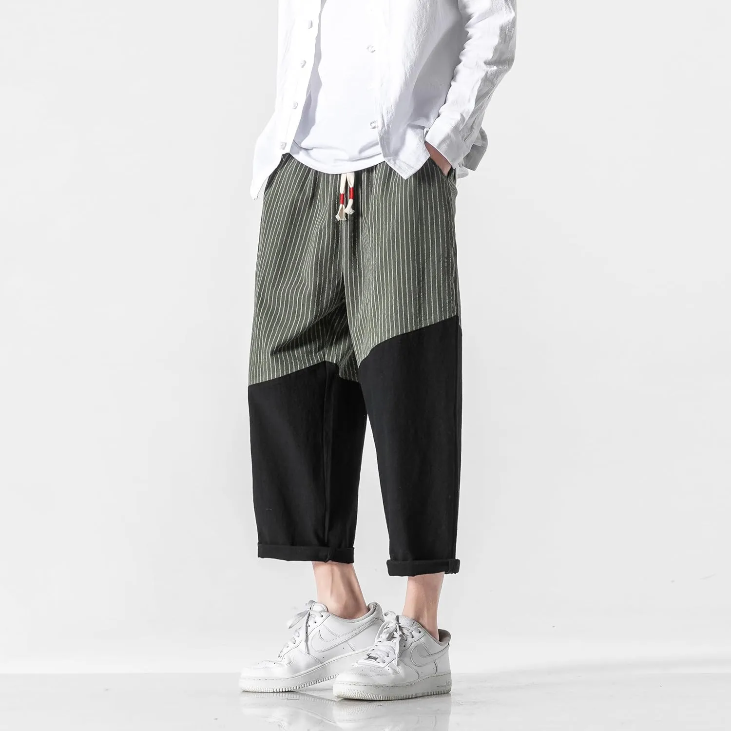 PRIJOUHE Men's Casual Capri Pants Elastic Waist Wide Leg Loose Baggy Harem Pants Breathable Summer Beach Pants