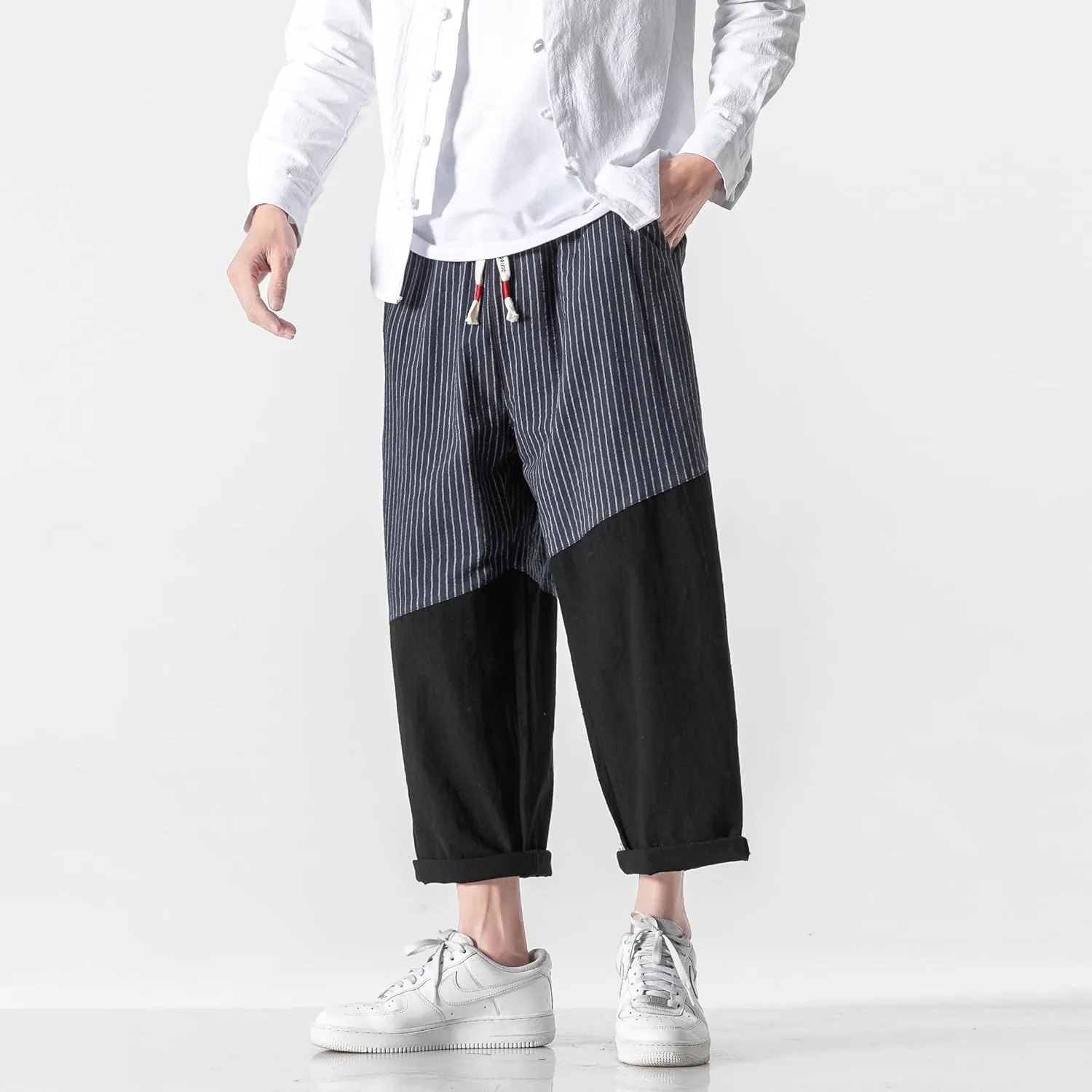 PRIJOUHE Men's Casual Capri Pants Elastic Waist Wide Leg Loose Baggy Harem Pants Breathable Summer Beach Pants