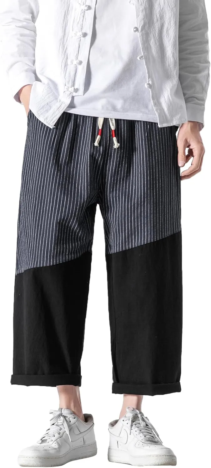 PRIJOUHE Men's Casual Capri Pants Elastic Waist Wide Leg Loose Baggy Harem Pants Breathable Summer Beach Pants