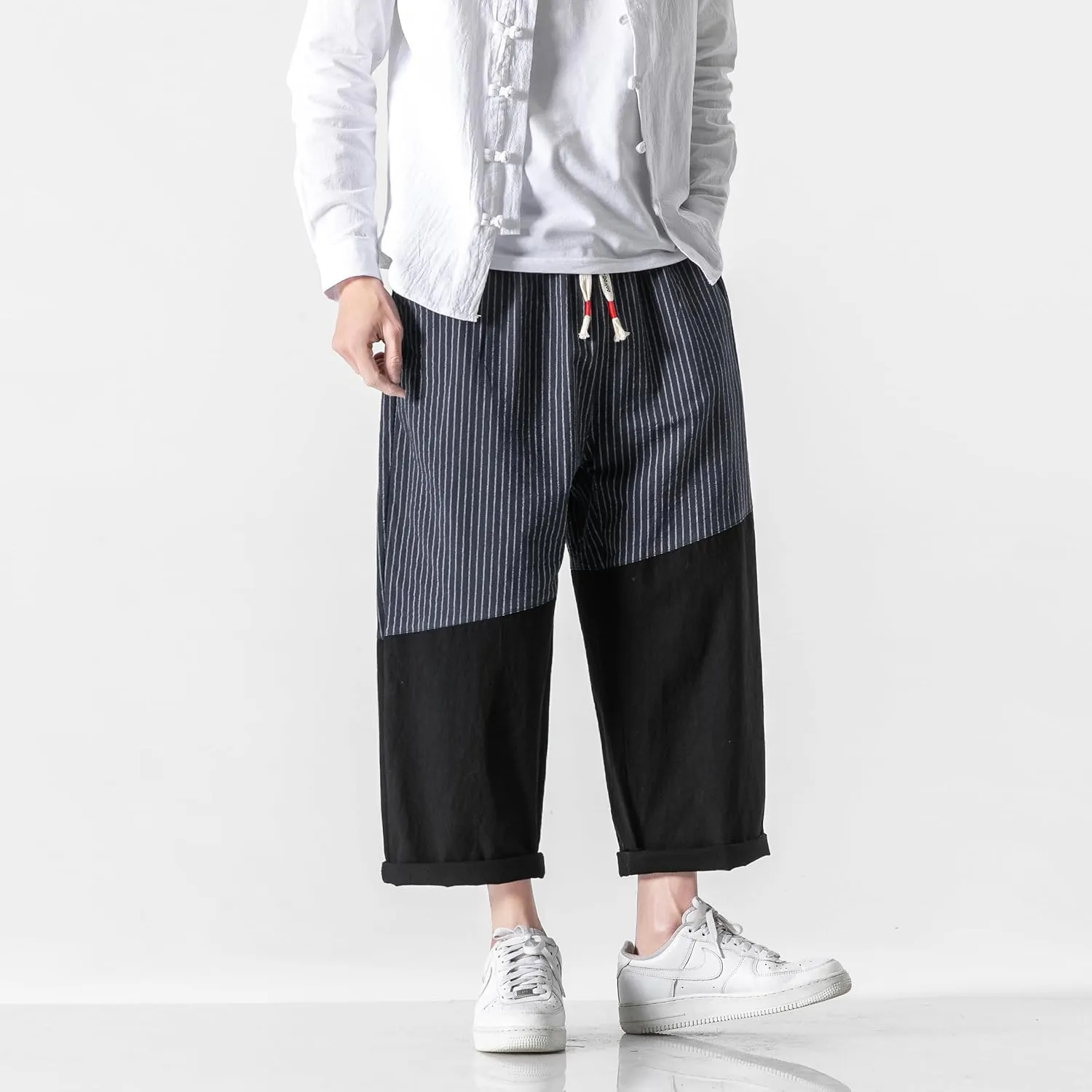 PRIJOUHE Men's Casual Capri Pants Elastic Waist Wide Leg Loose Baggy Harem Pants Breathable Summer Beach Pants