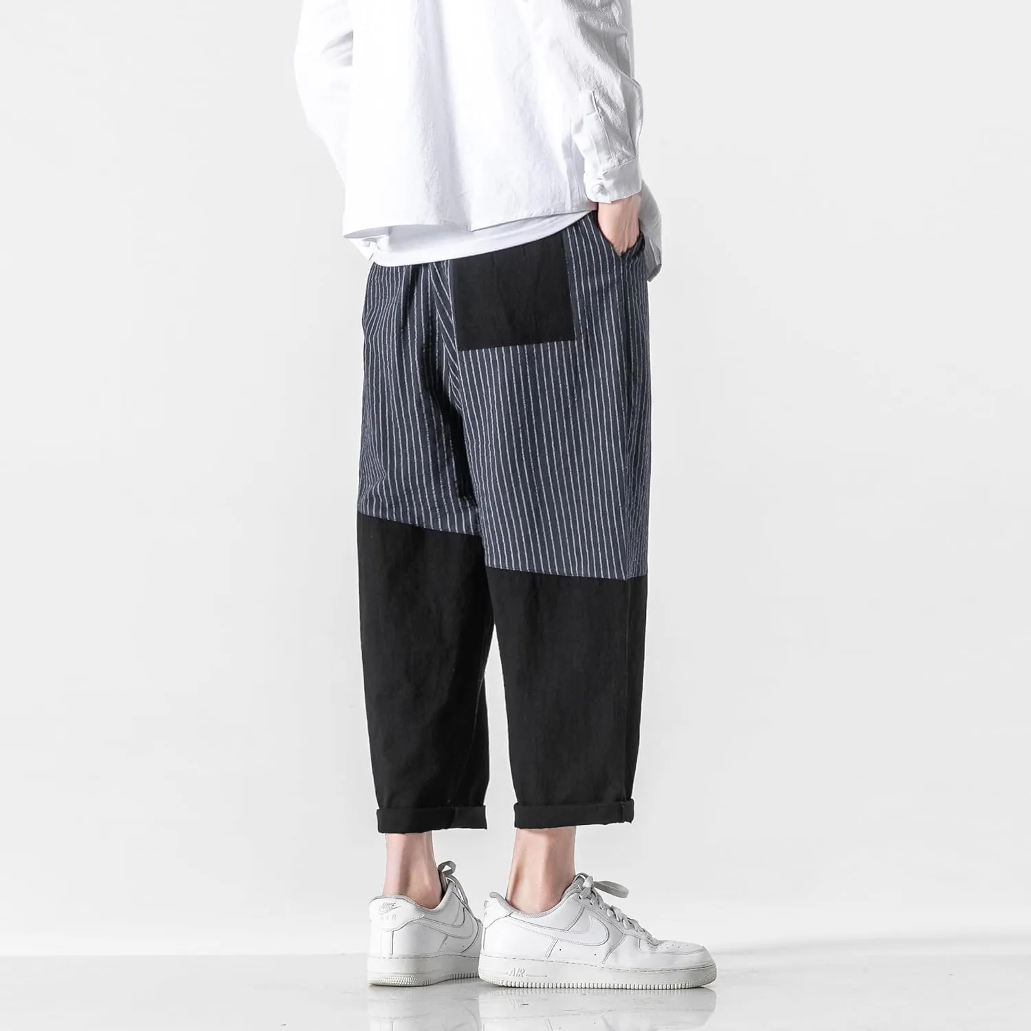PRIJOUHE Men's Casual Capri Pants Elastic Waist Wide Leg Loose Baggy Harem Pants Breathable Summer Beach Pants