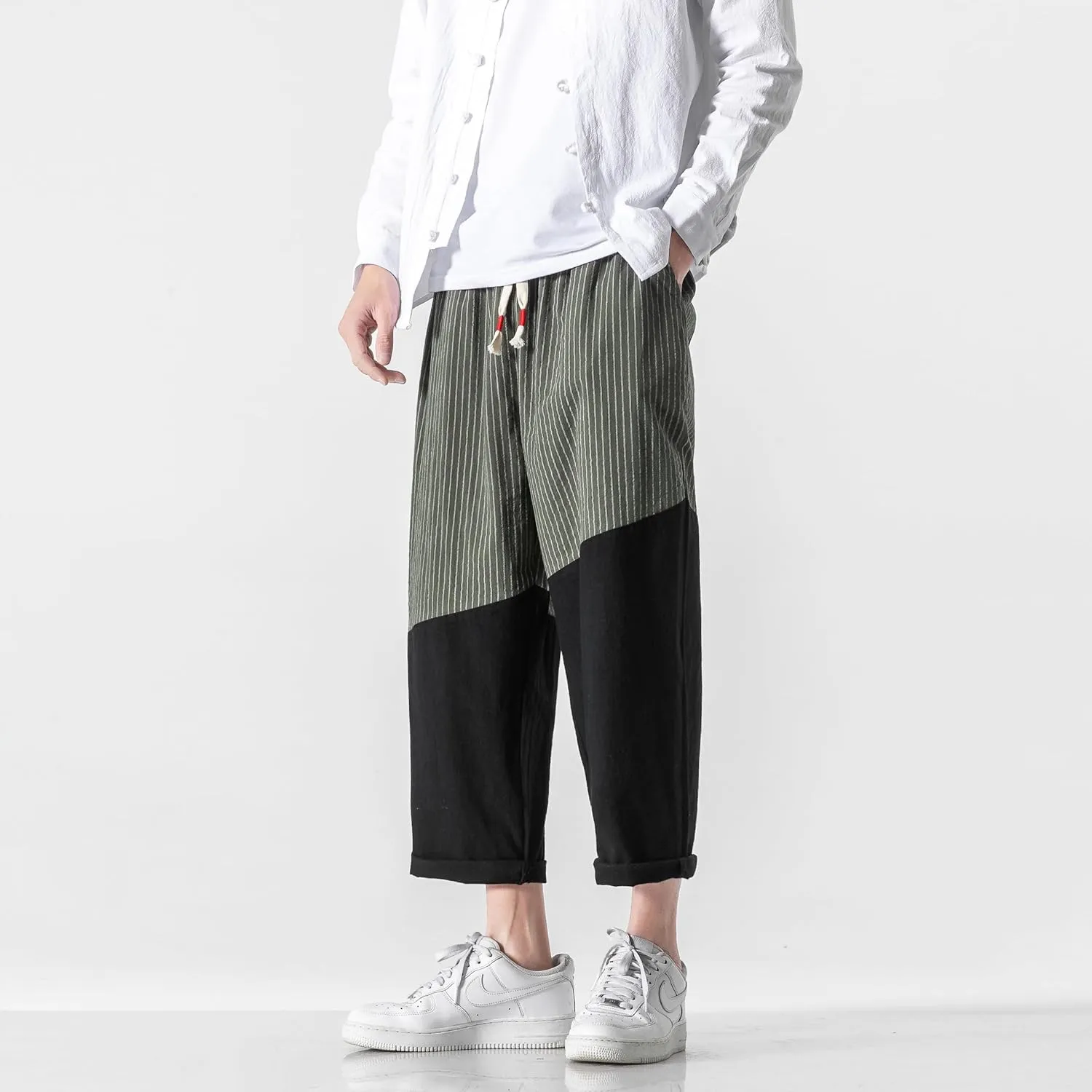 PRIJOUHE Men's Casual Capri Pants Elastic Waist Wide Leg Loose Baggy Harem Pants Breathable Summer Beach Pants