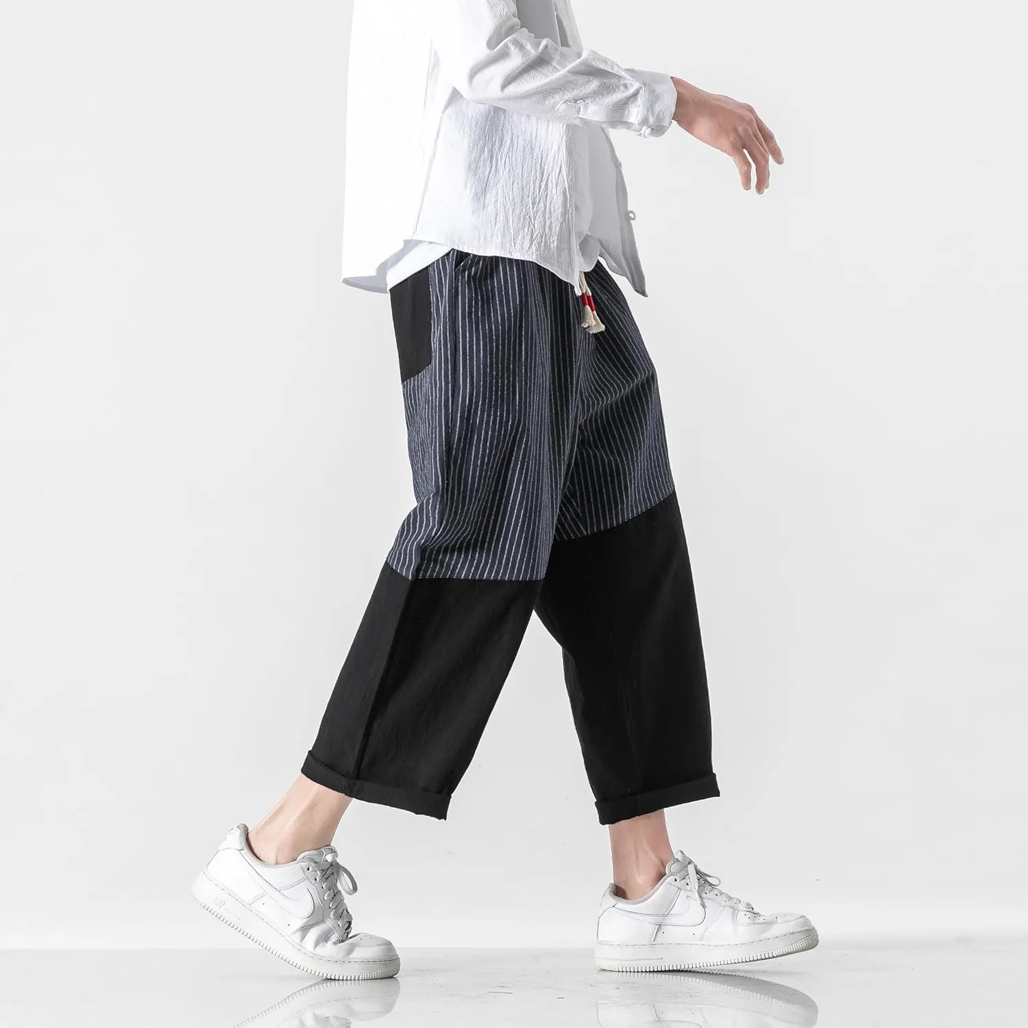 PRIJOUHE Men's Casual Capri Pants Elastic Waist Wide Leg Loose Baggy Harem Pants Breathable Summer Beach Pants