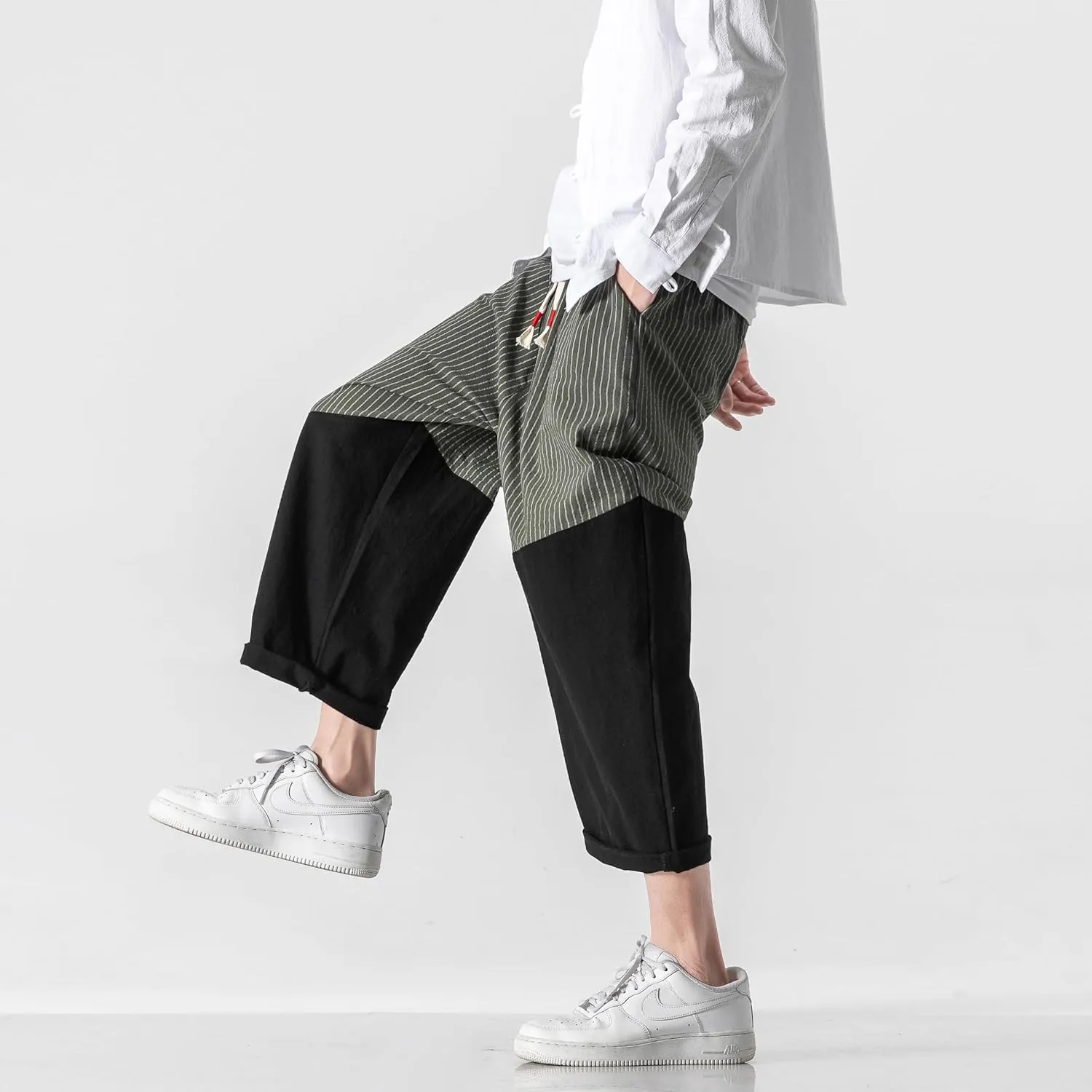 PRIJOUHE Men's Casual Capri Pants Elastic Waist Wide Leg Loose Baggy Harem Pants Breathable Summer Beach Pants