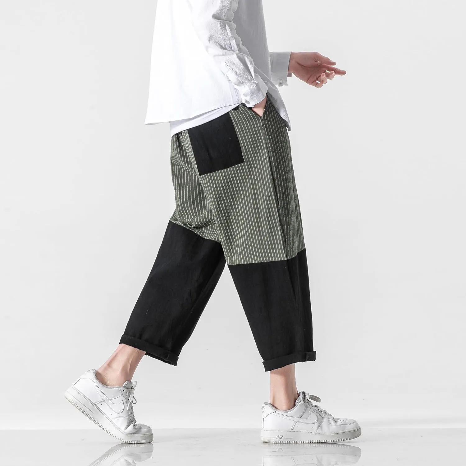 PRIJOUHE Men's Casual Capri Pants Elastic Waist Wide Leg Loose Baggy Harem Pants Breathable Summer Beach Pants