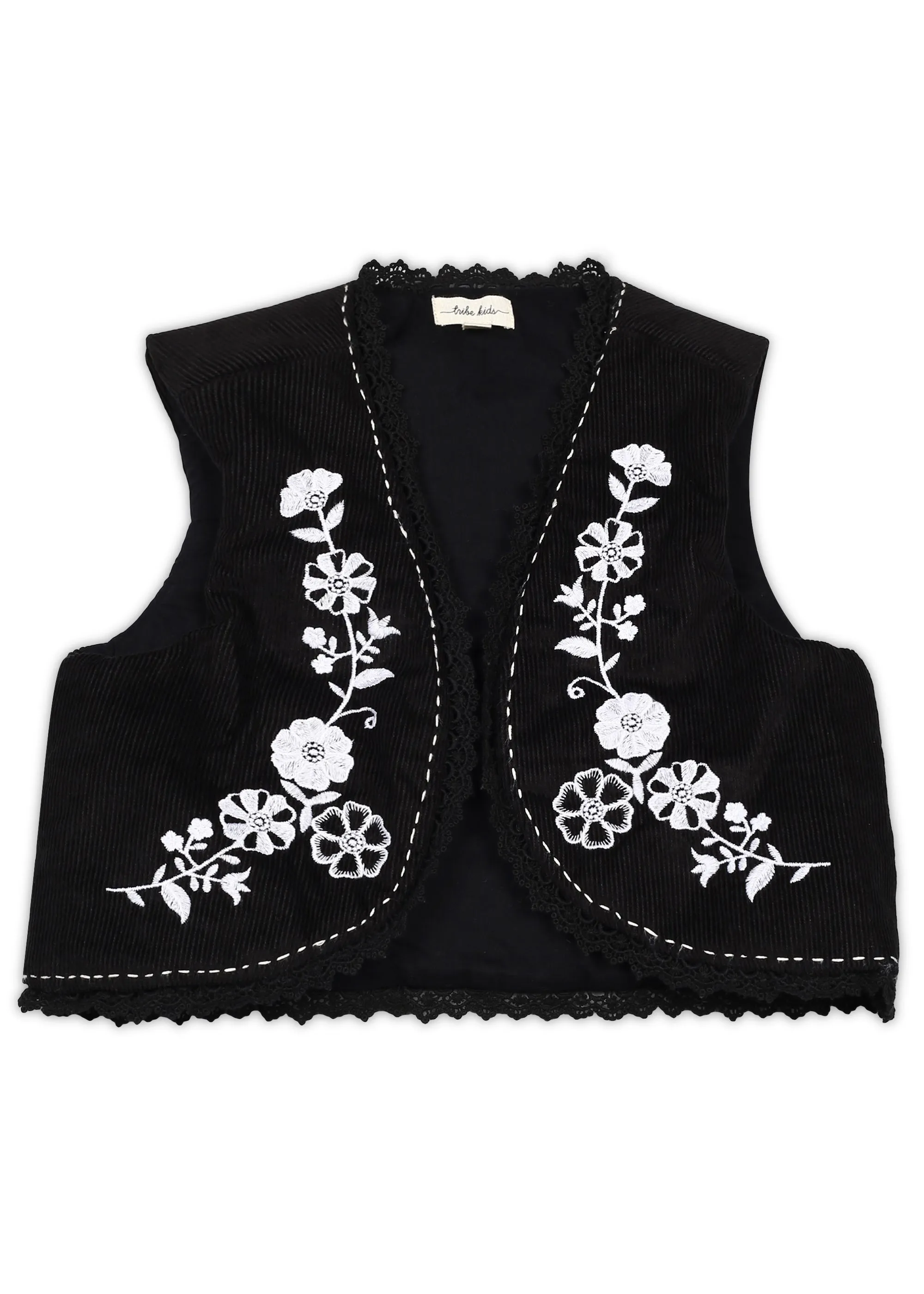 Rini Girls Solid Sleeveless Casual Cotton Embroidered Vest - Black