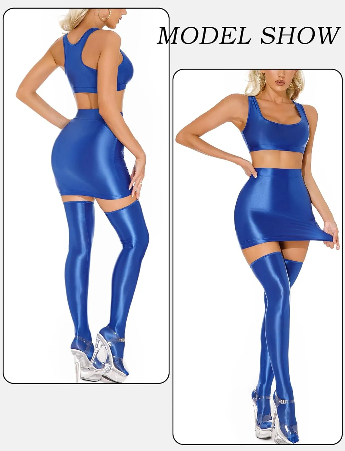 SEAUR Women's Shiny Oil Glossy Skirt Seamless Smooth Sexy Mini Ruffled Pleated Skirts