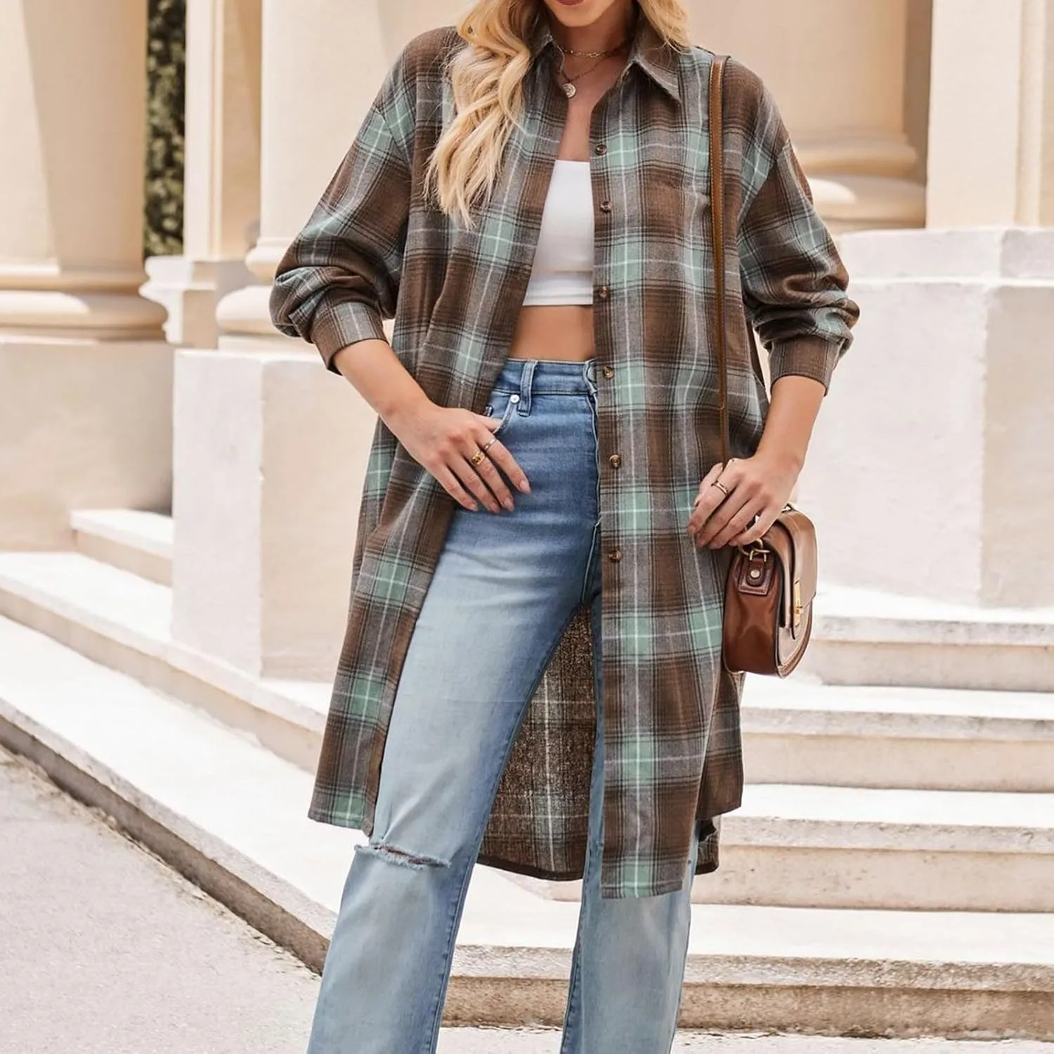 SMIDOW Women's Long Plaid Shirt Coat Tartan Long Jacket Coats Fall Fashion 2023 Thin Tartan Trench Coat Outerwear