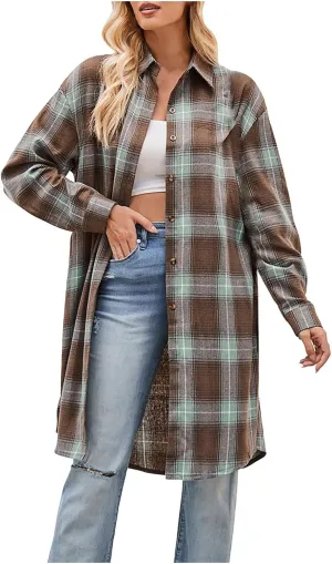 SMIDOW Women's Long Plaid Shirt Coat Tartan Long Jacket Coats Fall Fashion 2023 Thin Tartan Trench Coat Outerwear