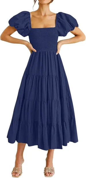 Spring Midi Dresses for Women 2025 Empire Waist Tiered Puff Sleeve Dress Aline Off The Shoulder Tea Party Dresses