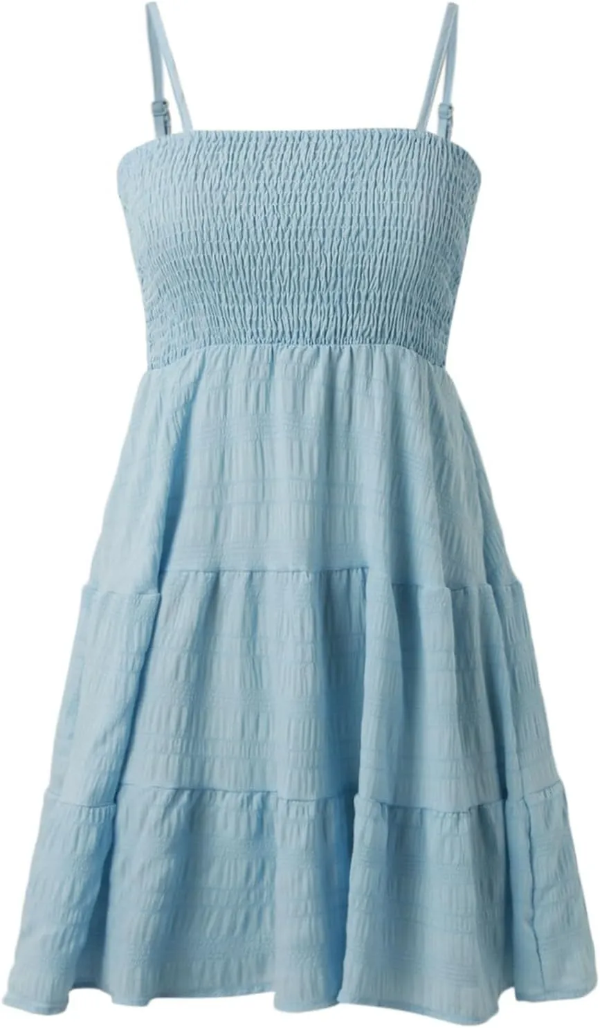 Summer Dresses for Women 2024 Spaghetti Strap Waist Ruffle Mini Dress Sleeveless Smocked Sundress A Line Tiered Dress