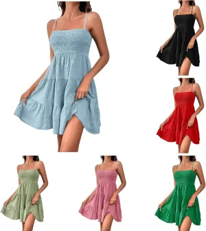 Summer Dresses for Women 2024 Spaghetti Strap Waist Ruffle Mini Dress Sleeveless Smocked Sundress A Line Tiered Dress