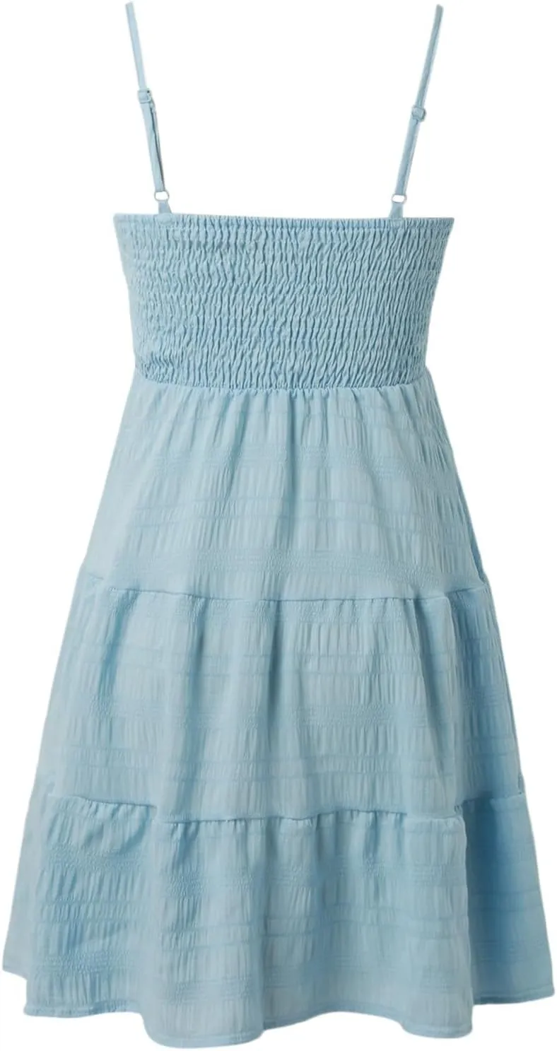 Summer Dresses for Women 2024 Spaghetti Strap Waist Ruffle Mini Dress Sleeveless Smocked Sundress A Line Tiered Dress