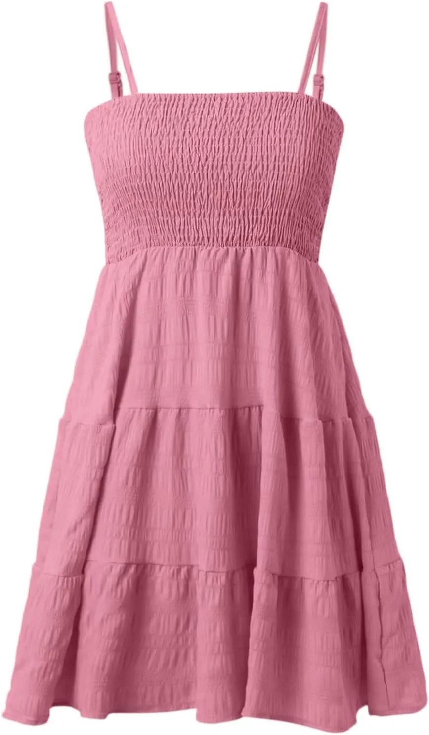 Summer Dresses for Women 2024 Spaghetti Strap Waist Ruffle Mini Dress Sleeveless Smocked Sundress A Line Tiered Dress