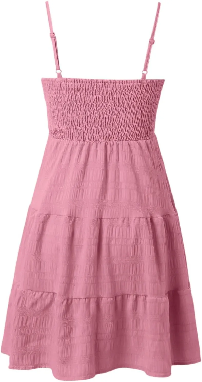 Summer Dresses for Women 2024 Spaghetti Strap Waist Ruffle Mini Dress Sleeveless Smocked Sundress A Line Tiered Dress