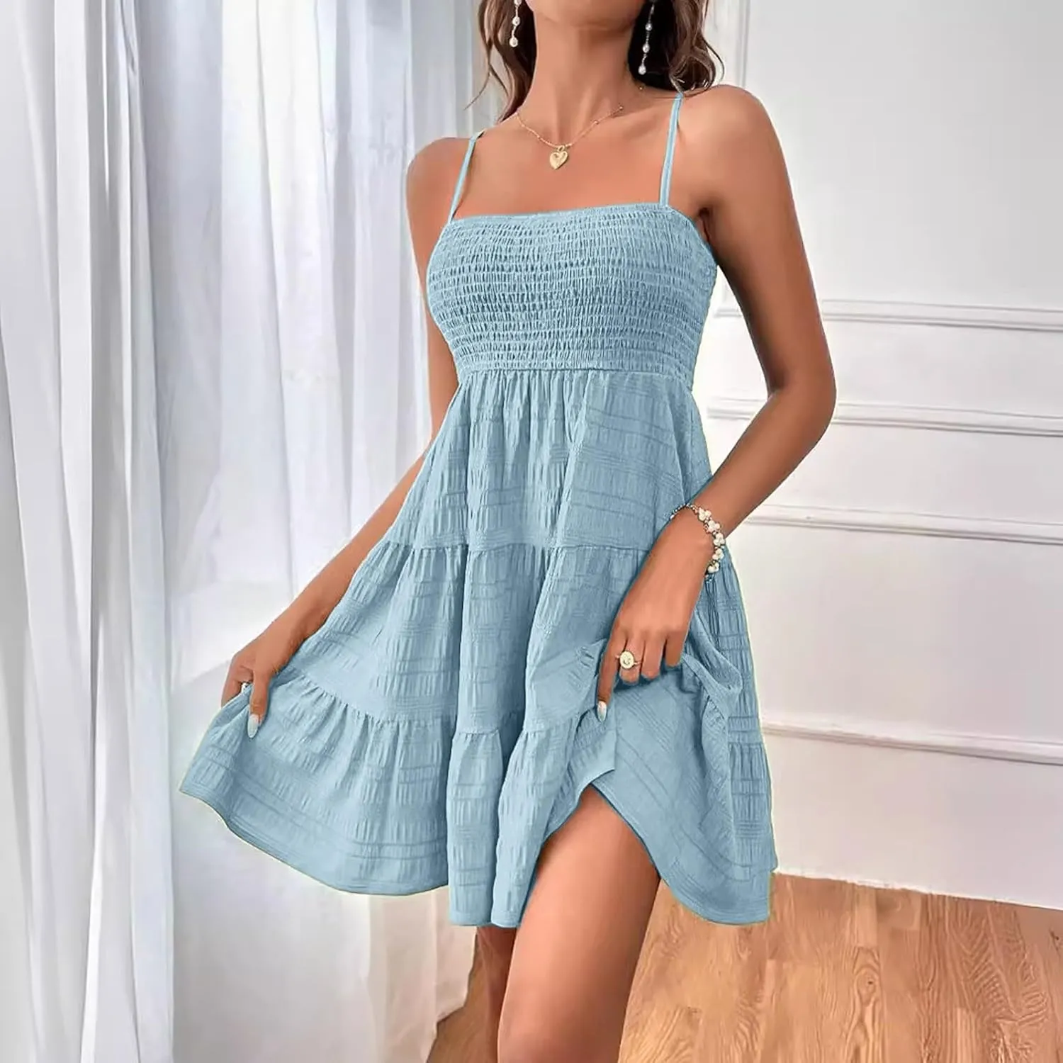 Summer Dresses for Women 2024 Spaghetti Strap Waist Ruffle Mini Dress Sleeveless Smocked Sundress A Line Tiered Dress