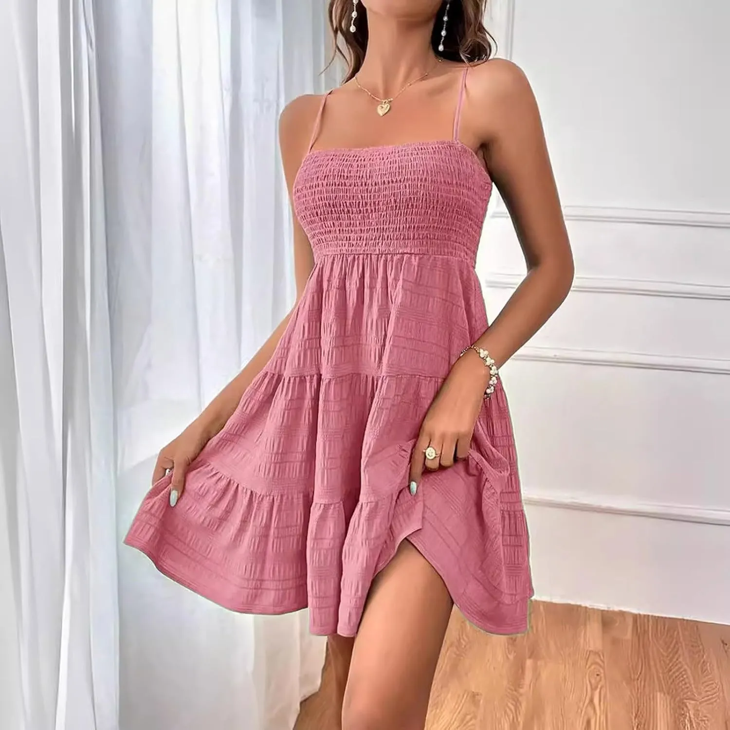 Summer Dresses for Women 2024 Spaghetti Strap Waist Ruffle Mini Dress Sleeveless Smocked Sundress A Line Tiered Dress