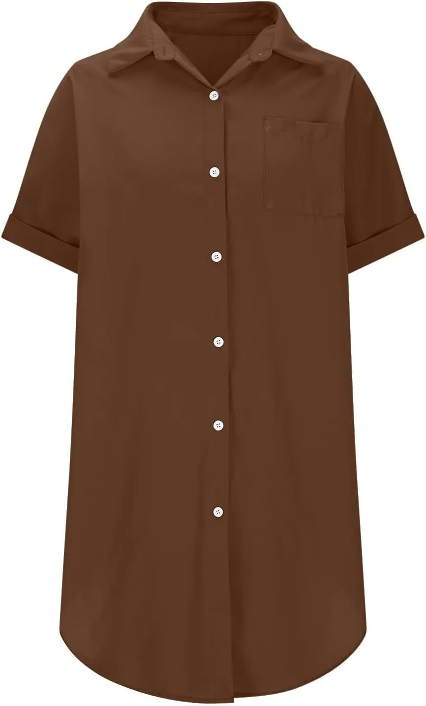 Summer Dresses for Women 2025,Button Down Shift Dresses Short Sleeve midi Dress Beach Vacation Clothes Shirt Dress