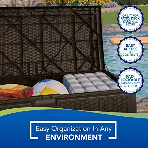 Suncast 73-Gallon Medium Deck Box - Lightweight Resin Indoor/Outdoor Storage Container and Seat for Patio Cushions and Gardening Tools - Store Items on Patio, Garage, Yard - Mocha Brown