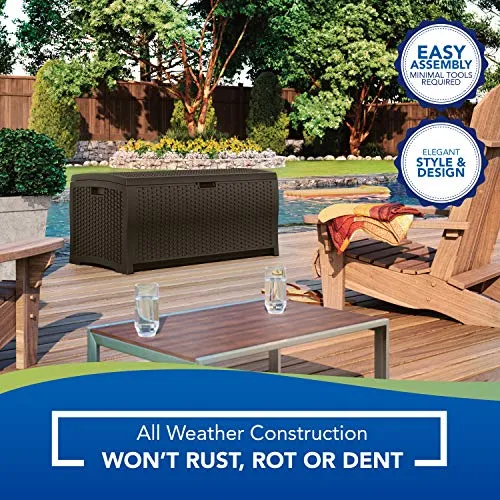 Suncast 73-Gallon Medium Deck Box - Lightweight Resin Indoor/Outdoor Storage Container and Seat for Patio Cushions and Gardening Tools - Store Items on Patio, Garage, Yard - Mocha Brown