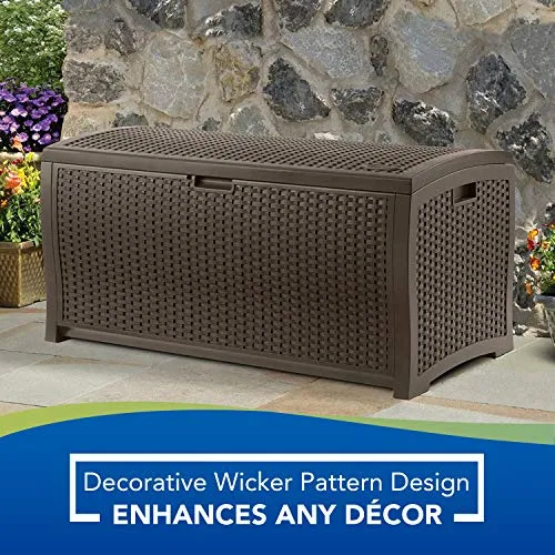 Suncast 73-Gallon Medium Deck Box - Lightweight Resin Indoor/Outdoor Storage Container and Seat for Patio Cushions and Gardening Tools - Store Items on Patio, Garage, Yard - Mocha Brown