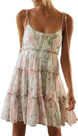 Sundresses for Women 2025 Spaghetti Strap Floral Mini Dress Tiered Ruffle Beach Boho Cute Cami Halter Dresses