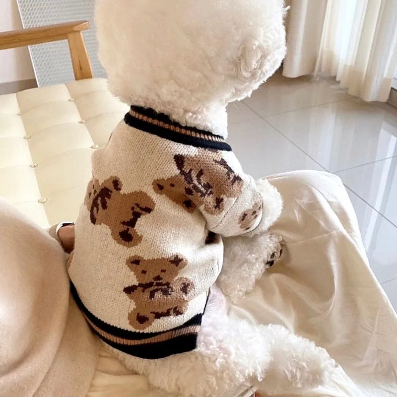 Teddy Print Button Front Pet Cardigan Sweater