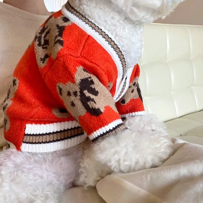 Teddy Print Button Front Pet Cardigan Sweater