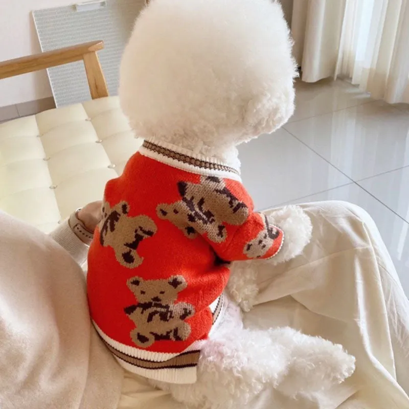 Teddy Print Button Front Pet Cardigan Sweater