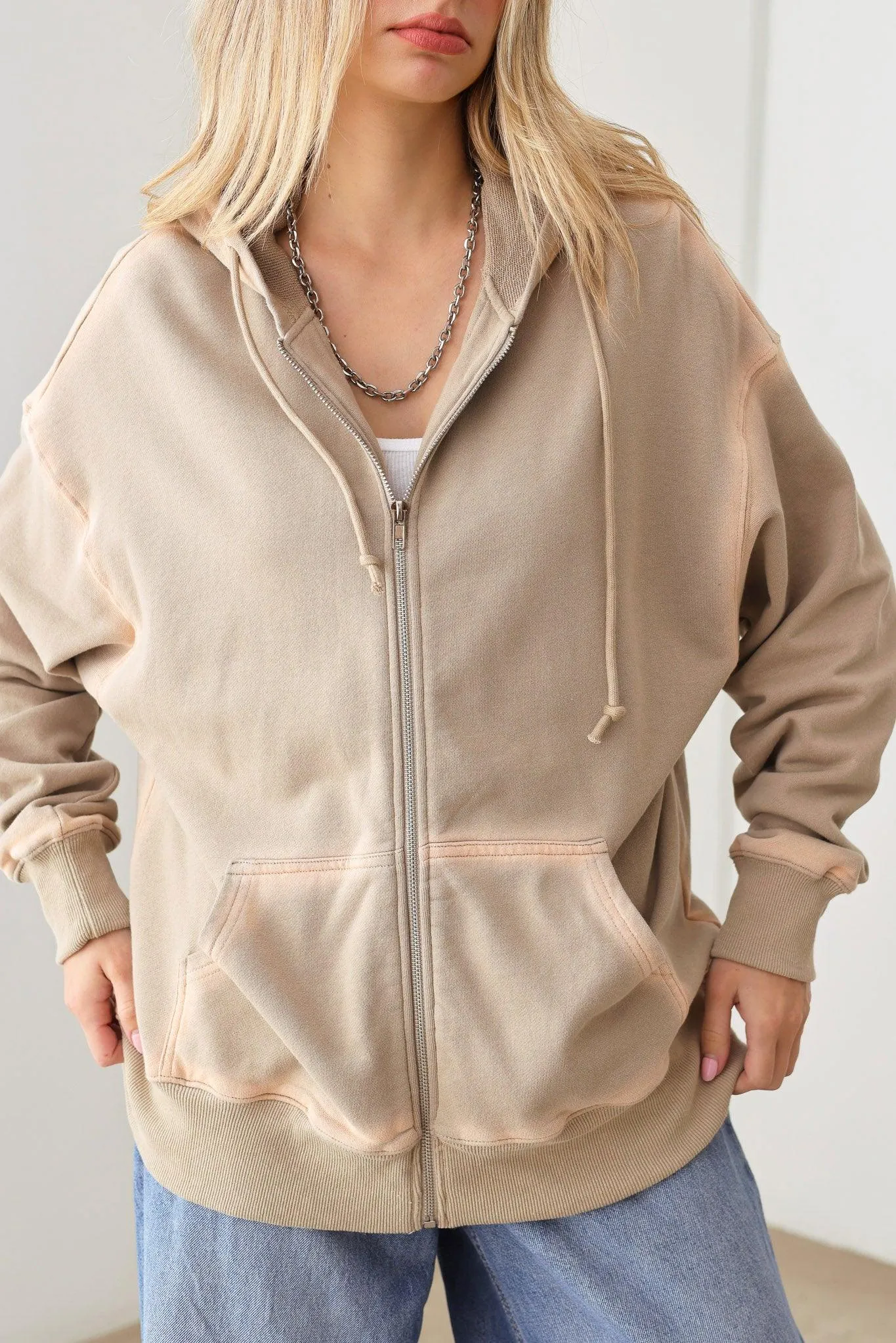 Wash Detail Front Two Pocket Oversized Hoodie Zip Up Jacket