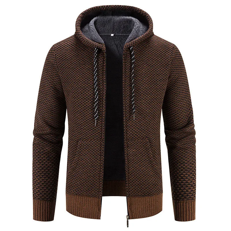 Winter Coat with Zipper Closure - Solid Color Long Sleeve Plush Sweater with Drawstring Hood for Casual Warmth