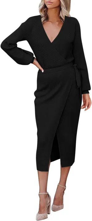 Women Wrap V Neck Long Sleeve Sweater Dress Tie Waist Bodycon Knit Midi Elegant Dress Sundress Women Plus Size