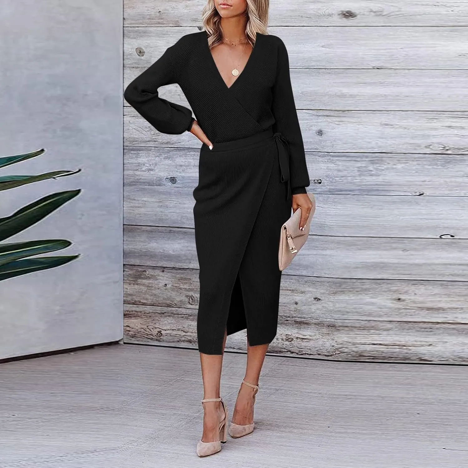 Women Wrap V Neck Long Sleeve Sweater Dress Tie Waist Bodycon Knit Midi Elegant Dress Sundress Women Plus Size