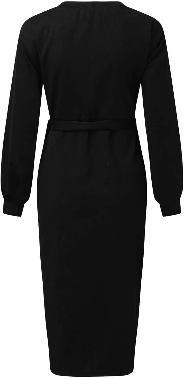 Women Wrap V Neck Long Sleeve Sweater Dress Tie Waist Bodycon Knit Midi Elegant Dress Sundress Women Plus Size