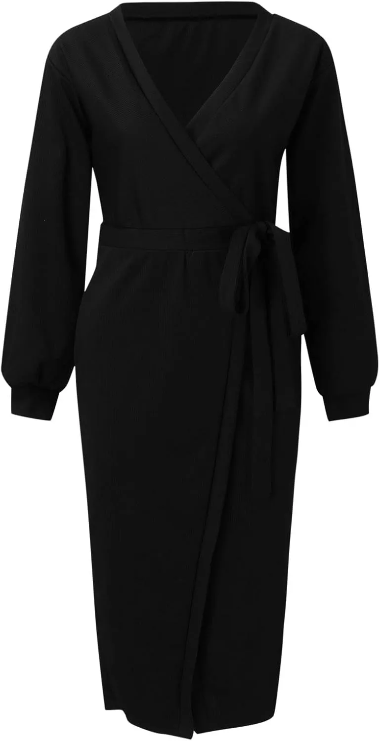 Women Wrap V Neck Long Sleeve Sweater Dress Tie Waist Bodycon Knit Midi Elegant Dress Sundress Women Plus Size