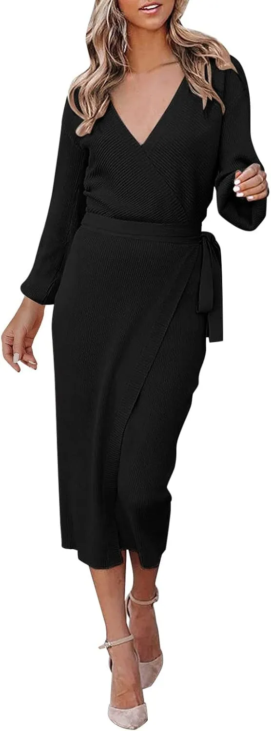 Women Wrap V Neck Long Sleeve Sweater Dress Tie Waist Bodycon Knit Midi Elegant Dress Sundress Women Plus Size