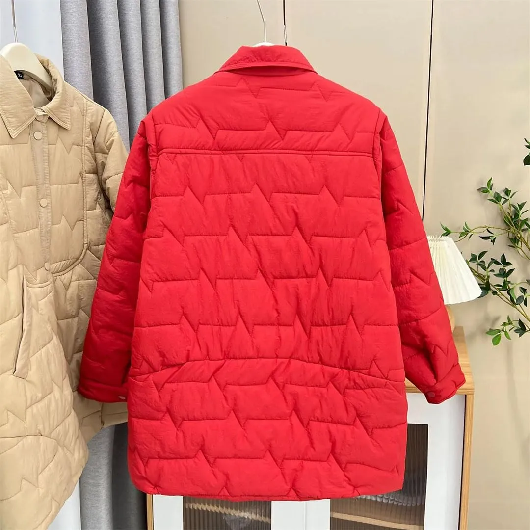 Women's Autumn And Winter Thin Medium Length Shirt-Collar Cotton-Padded Coat Warm Parkas