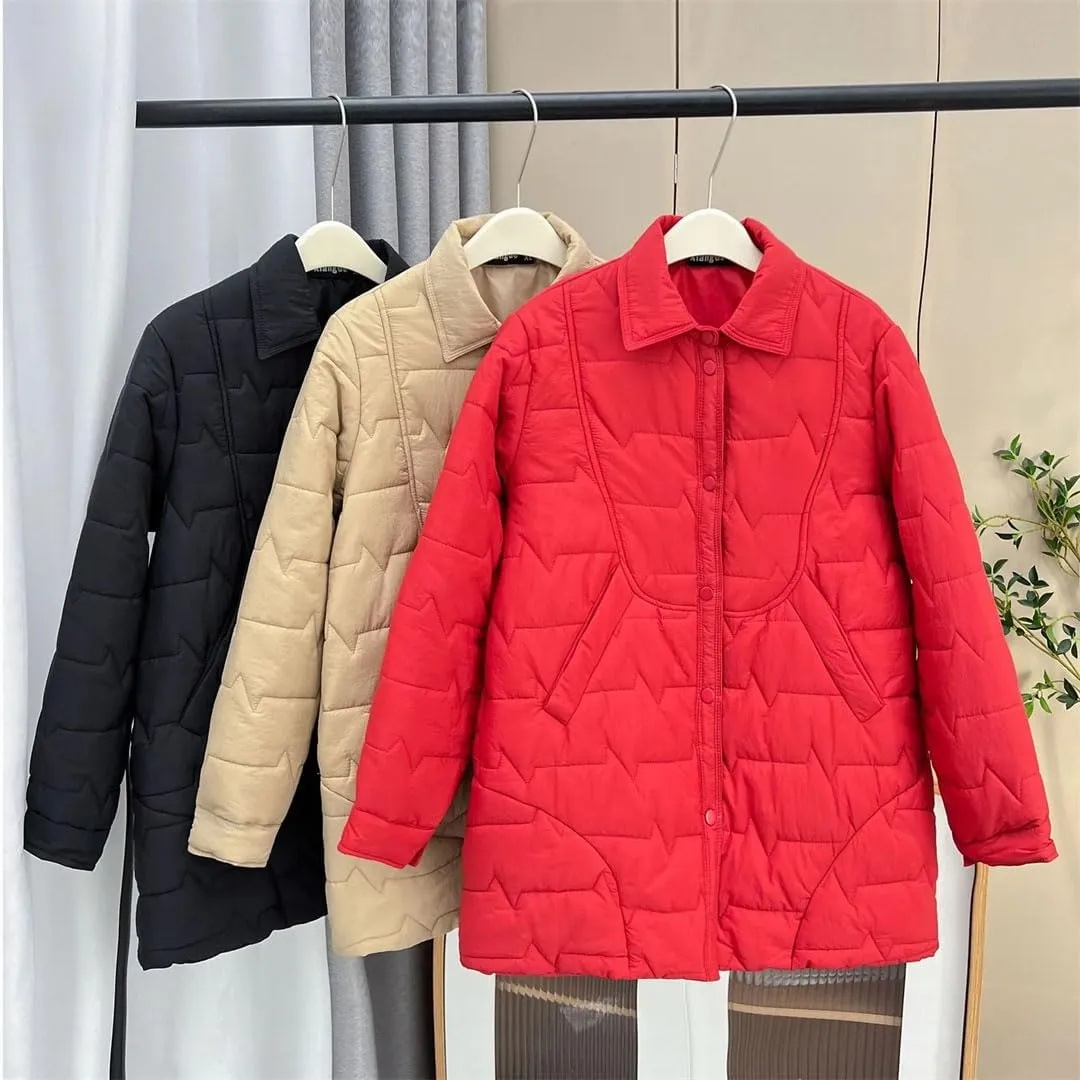 Women's Autumn And Winter Thin Medium Length Shirt-Collar Cotton-Padded Coat Warm Parkas